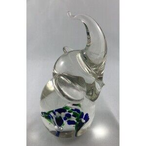 Clear Art Glass Elephant 4" Tall Trunk Up - 3 Blue Green White Flowers Inside